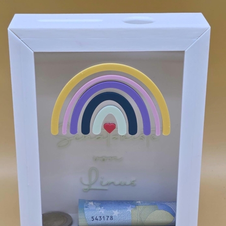 Personalisierte Spardose mit Name | Kinder Spardose Regenbogen | Geschenk zur Geburt | Taufgeschenk | Sparbox Baby