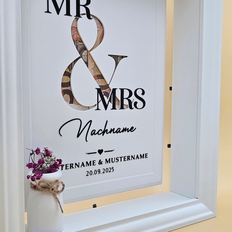 Mr & Mrs 3D Bild zur Hochzeit – personalisiertes Geldgeschenk auf Acrylscheibe (ohne Rahmen)
