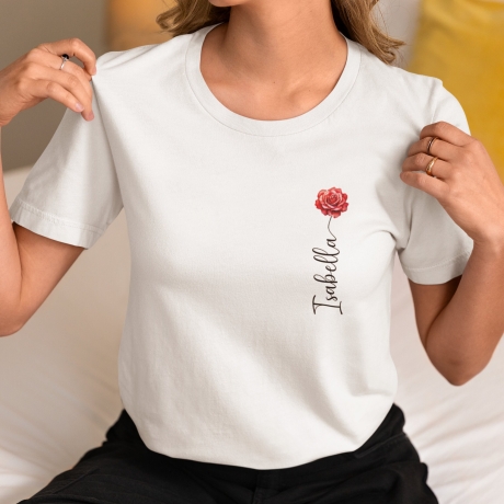 Personalisiertes Bio T-Shirt mit Geburtsblume Monatsblume und Name der Liebsten, Geschenkidee, Freundin, Mama, Schwester, Geschenk für Sie