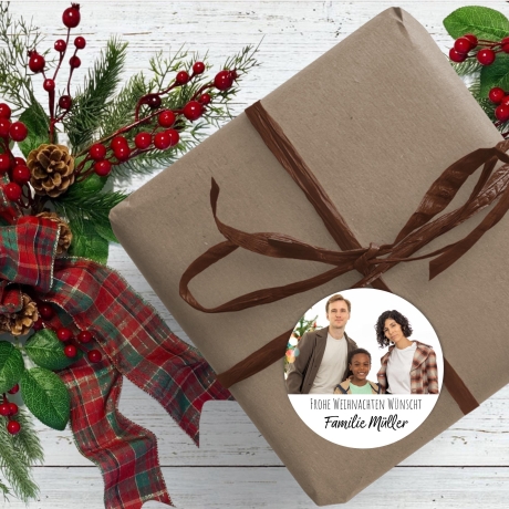 Personalisierte Weihnachtsaufkleber mit Foto und Wunschtext, 4 cm rund, wasserfest, personalisierte Sticker, Weihnachtliche Etiketten,
