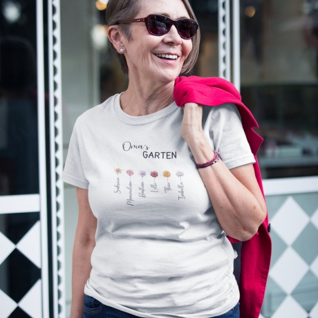 Personalisiertes Bio T-Shirt mit Geburtsblumen der Liebsten - Für Mama, Oma, Tante, Schwester,Geschenkidee für Sie,Mamas Garten,Omas Garten