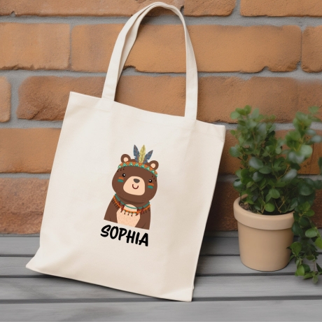 Personalisierter Stoffbeutel mit Wunschname und Tier im Boho-Stil