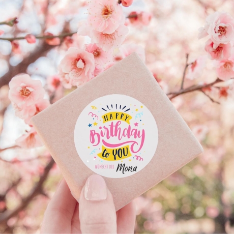 Personalisierte Geburtstagsaufkleber, Name Wunschtext und Motiv, 4 cm rund, wasserfest, Sticker, Geburtstag Etiketten mit Wunschtext