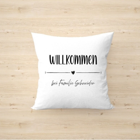 Personalisiertes Fotokissen – Willkommen mit Wunschtext & Namen – Geschenk zur Geburt, Einzug, Hochzeit und mehr
