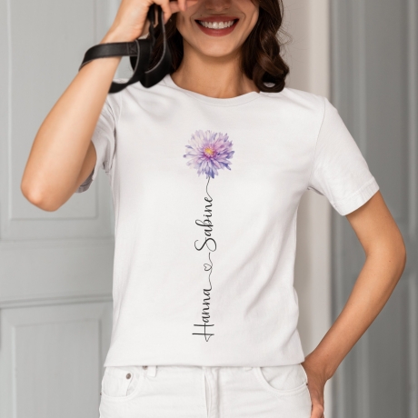Personalisiertes Bio T-Shirt mit Geburtsblume Monatsblume und Name der Liebsten, Geschenkidee, Freundin, Mama, Schwester, Geschenk für Sie
