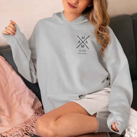 Personalisierter Hoodie Mama Kreuz Wunschnamen Name der Kinder Geschenk Geschenkidee Muttertag Pullover Damen Geburtstagsgeschenk Frau