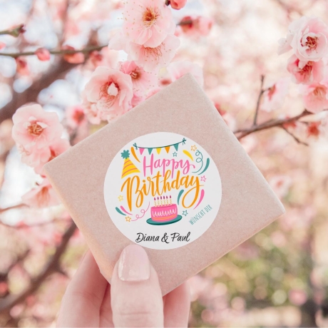 Personalisierte Geburtstagsaufkleber, Name Wunschtext und Motiv, 4 cm rund, wasserfest, Sticker, Geburtstag Etiketten mit Wunschtext
