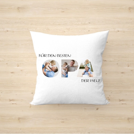 Fotokissen mit Buchstaben-Collage – Kissen mit Namen + Foto – Geschenk für Mama, Papa, Oma & Familie – individuell bedruckt - personalisiert