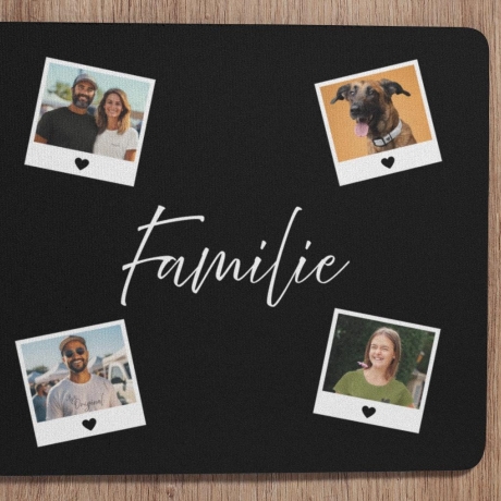 Personalisierte XL Gaming Mousepad | Collage mit 4 Fotos im Retro-Rahmen | Custom Mauspad mit Wunschtext | Hintergrundfarbe & Größe wählbar