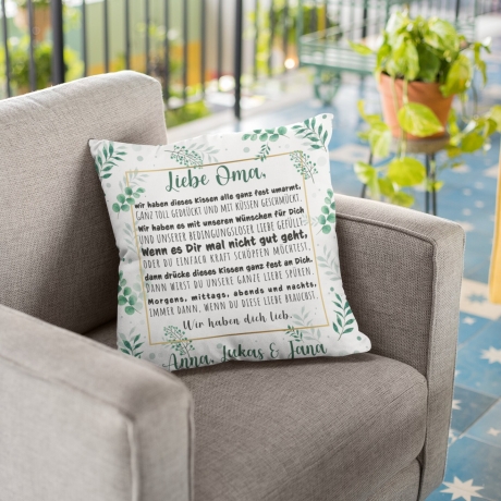 Oma Kissen,  Personalisiertes Kissen Spruch Liebe Oma, Namen der Kinder, Enkelkinder, Umarmung, Vermissen, Geschenkidee, Florales Kissen