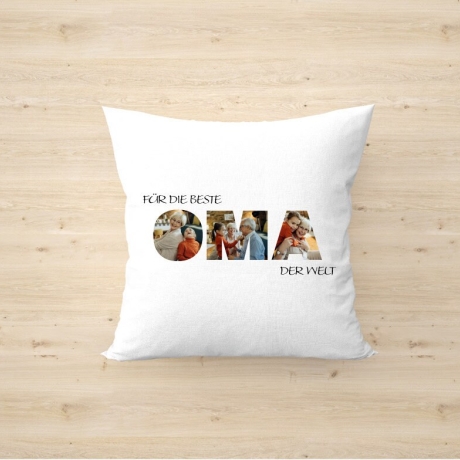 Fotokissen mit Buchstaben-Collage – Kissen mit Namen + Foto – Geschenk für Mama, Papa, Oma & Familie – individuell bedruckt - personalisiert
