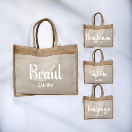Personalisierte Jutetasche, Braut, Trauzeugin, JGA, Shopper, Geschenkidee Freundin, Hochzeit, Junggesellinnenabschied, Team Bride, Tasche