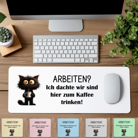 Personalisierte XL Gaming Mousepad | Lustiges Katze mit Kaffee | „Arbeiten? Ich dachte, wir trinken Kaffee!“ | Bürozubehör & Geschenk