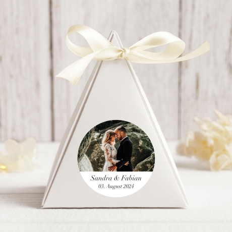 Personalisierter Hochzeitssticker – Vinyl Aufkleber mit Foto + Wunschtext – Rund 4 cm – Matt o. Glänzend – Hochzeit Gastgeschenk & Einladung