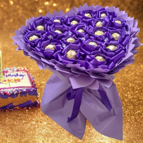 Essbarer Blumenstrauß - Lila Stil, Ferrero Rocher + Ewige Rosen