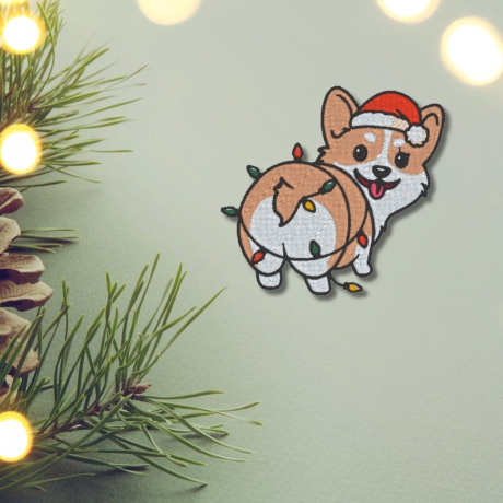 Weihnachtliche Patch Corgis Gestickte Aufnäher | Lustiger Hund mit Lichtern (7 cm)