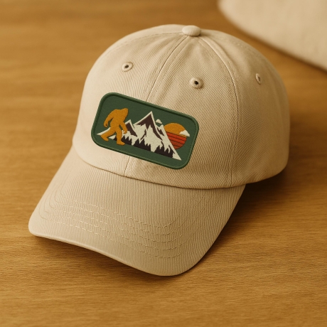 Outdoor Patch – Berglandschaft & Sonnenuntergang – Big Foot, Abenteuer, Cryptid, Wanderlust, Grün, Gelb