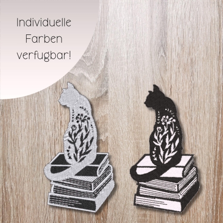 Katzen-Patch, gesticktes Kätzchen auf Büchern mit Blumendetails, anpassbare Farben, Buchliebhaber Geschenk
