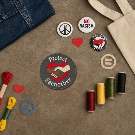 Schütze einander Aufnäher, gestickt, rot weiß, Jackenaufnäher