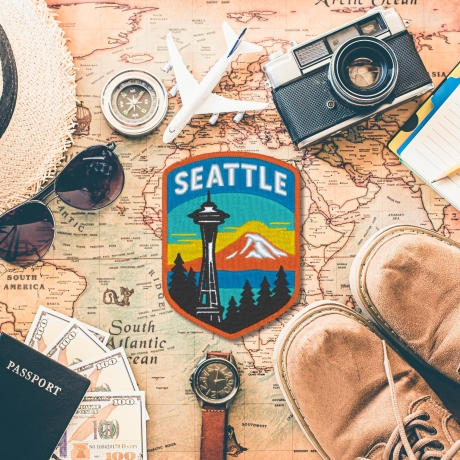 1920er Jahre Aufnäher bestickt, Space Needle, Mount Rainier Stickerei, Reise Souvenir, Outdoor Aufnäher
