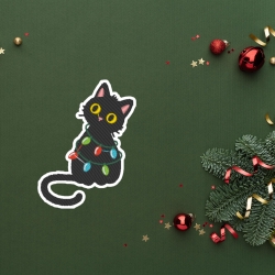 Feiertags Aufnäher - Gestickte schwarze Katze mit Weihnachtslichtern - Aufnäher Weihnachten