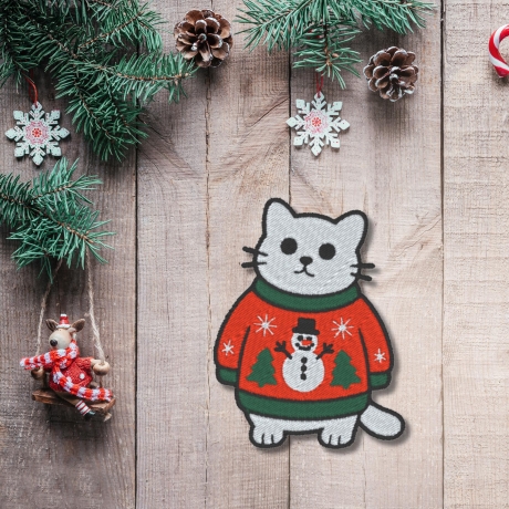 Weihnachtskatze Aufnäher | 8cm | Bügelbild | Kätzchen im Weihnachtspulli