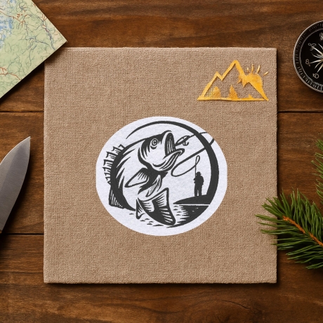 Angeln Aufnäher: Angler & Fisch, gestickt, zum Aufbügeln (8 cm)