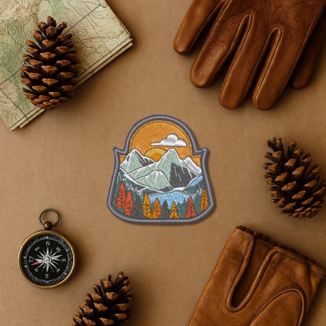 Berge Aufnäher – bestickter Outdoor Aufnäher mit Sonnenuntergang, Herbstwald, Bergsilhouette, multicolor
