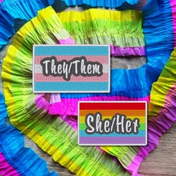 Pride Aufnäher | Gestickte Pronomen | Regenbogen LGBTQ+ Flagge Applikation (7,5 cm)