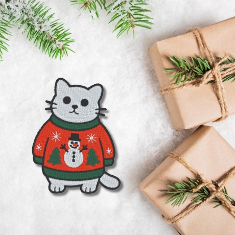 Weihnachtskatze Aufnäher | 8cm | Bügelbild | Kätzchen im Weihnachtspulli