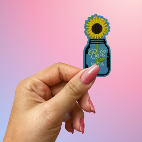 Sonnenblume Aufnäher | Blumen im Einmachglas Bügelbild, gestickte Applikation