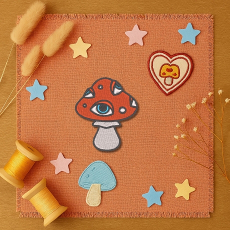 Augen Pilz Aufnäher – Psychedelic Mushroom Aufnäher | 6 cm Zierband | Rot & Weiß