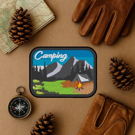 Camping Aufnäher 10 cm, Outdoor Berge und Natur Motiv, zum aufbügeln