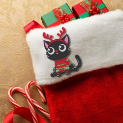 Weihnachtlicher Katzen Aufnäher – Schwarze Katze mit Rentiergeweih, ca. 8cm, bestickt, zum aufbügeln