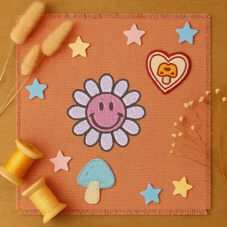Happy Face Aufnäher | Smiley Blume Aufnäher – Retro Daisy | 6 cm Zierstickerei