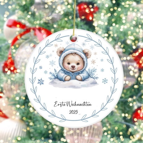 Personalisierte Weihnachtskugel Baby, Erstes Weihnachten 2025, Bär Design, 7 cm, Individuell mit Name, Blau