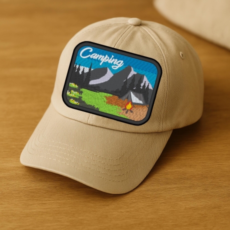 Camping Aufnäher 10 cm, Outdoor Berge und Natur Motiv, zum aufbügeln