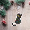 Feiertags Aufnäher - Gestickte schwarze Katze mit Weihnachtslichtern - Aufnäher Weihnachten