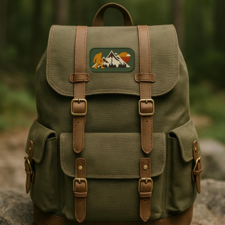 Outdoor Patch – Berglandschaft & Sonnenuntergang – Big Foot, Abenteuer, Cryptid, Wanderlust, Grün, Gelb