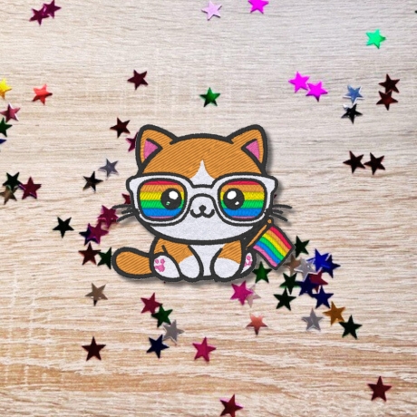 Pride Aufnäher | Katze mit Regenbogen Flagge LGBTQ+ Gestickte Applikation