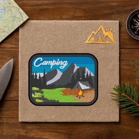 Camping Aufnäher 10 cm, Outdoor Berge und Natur Motiv, zum aufbügeln