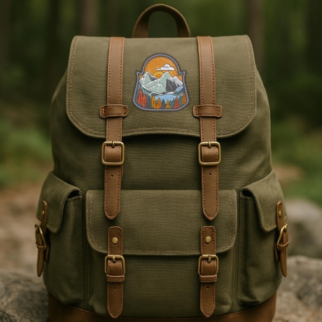 Berge Aufnäher – bestickter Outdoor Aufnäher mit Sonnenuntergang, Herbstwald, Bergsilhouette, multicolor