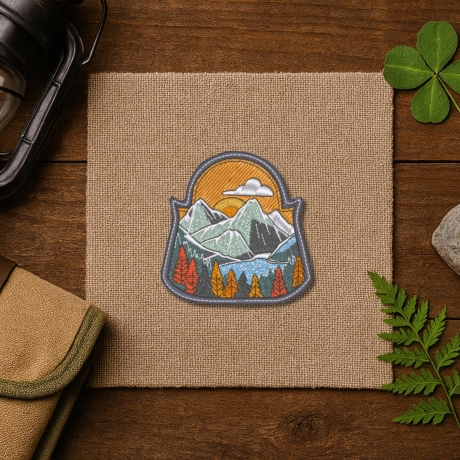 Berge Aufnäher – bestickter Outdoor Aufnäher mit Sonnenuntergang, Herbstwald, Bergsilhouette, multicolor