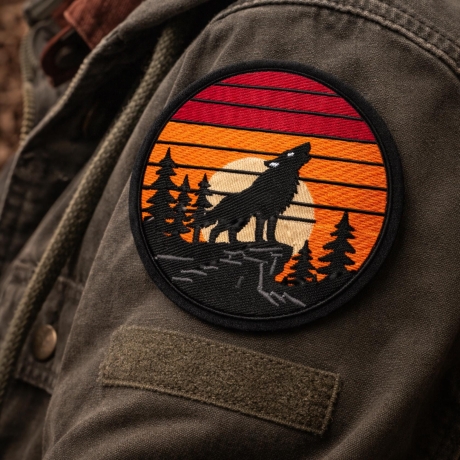 Outdoor Aufnäher Wolf, bestickt, Retro Sonnenuntergang, nature stickerei