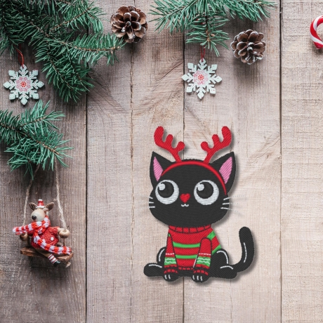 Weihnachtlicher Katzen Aufnäher – Schwarze Katze mit Rentiergeweih, ca. 8cm, bestickt, zum aufbügeln