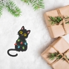 Feiertags Aufnäher - Gestickte schwarze Katze mit Weihnachtslichtern - Aufnäher Weihnachten