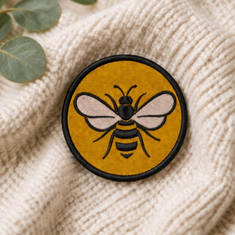 Bestickter Bienen Aufnäher, 9 cm rund, gelb schwarz, Klett oder Bügelbild