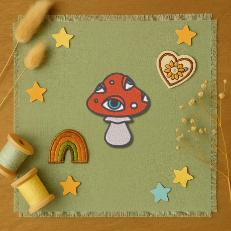 Augen Pilz Aufnäher – Psychedelic Mushroom Aufnäher | 6 cm Zierband | Rot & Weiß