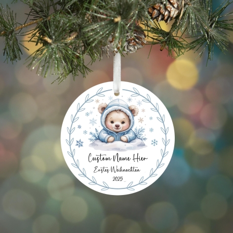 Personalisierte Weihnachtskugel Baby, Erstes Weihnachten 2025, Bär Design, 7 cm, Individuell mit Name, Blau
