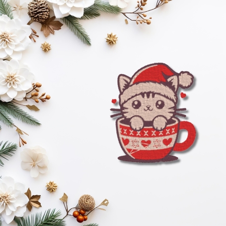 Weihnachten Flicken Katze im Becher Gestickte Applikation - Aufbügeln oder Aufnähen (7 cm)